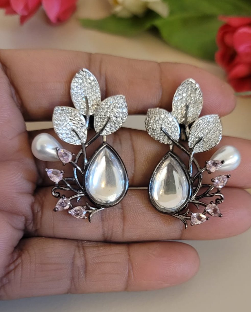 Silver Pearl Bridal stud Earrings, Cz Coral Pink American Diamond Wedd –  Indian Designs